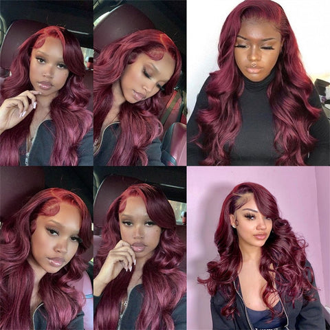 Siyun Show Hair 99j Red Color 250% Density Body Wave 13x4 Lace Front Human Hair Wig