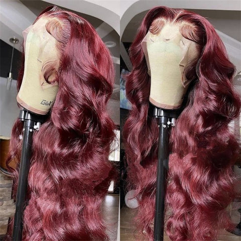 Siyun Show Hair 99j Red Color 250% Density Body Wave 13x4 Lace Front Human Hair Wig