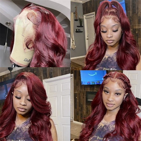 Siyun Show Hair 99j Red Color 250% Density Body Wave 13x4 Lace Front Human Hair Wig