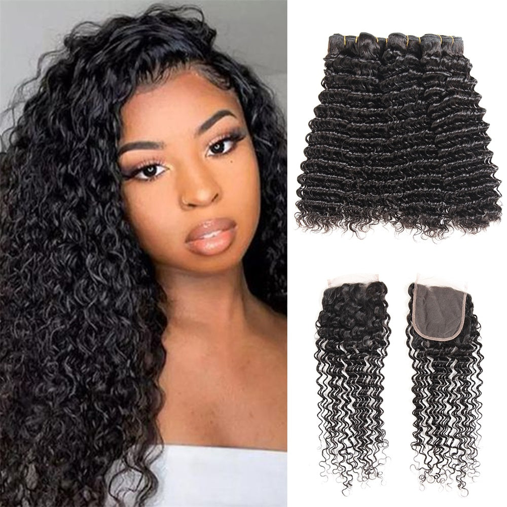 Siyun Show Deep Wave Human Hair Bundles Virgin Hair Closure With 4 Bundles