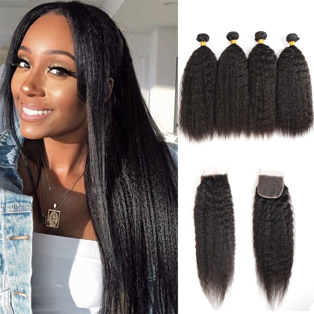 Siyun Show Kinky Straight Hair Yaki Human Hair 4 Bundles With Closure