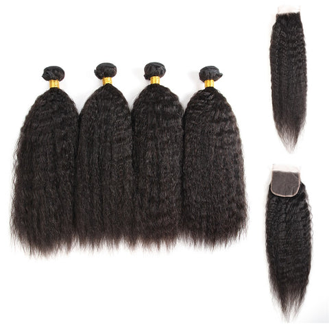 Siyun Show Kinky Straight Hair Yaki Human Hair 4 Bundles With Closure