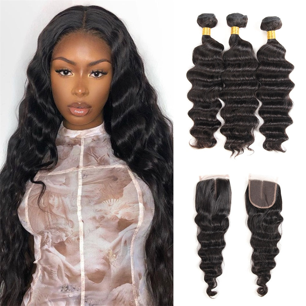 Siyun Show Loose Deep Wave 3 Bundles With Closure Brazilian Virgin Human Hair