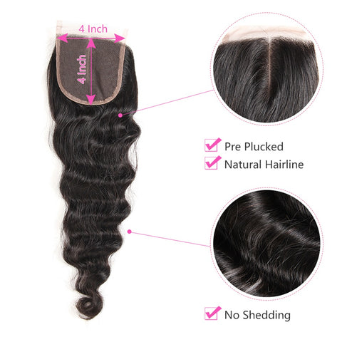 Siyun Show 4 Bundles Loose Deep Wave Bundles With Closure 100% Malaysian Remy Human Hair