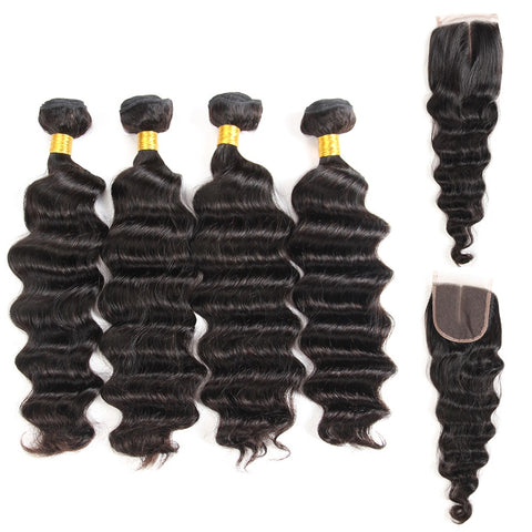 Siyun Show 4 Bundles Loose Deep Wave Bundles With Closure 100% Malaysian Remy Human Hair