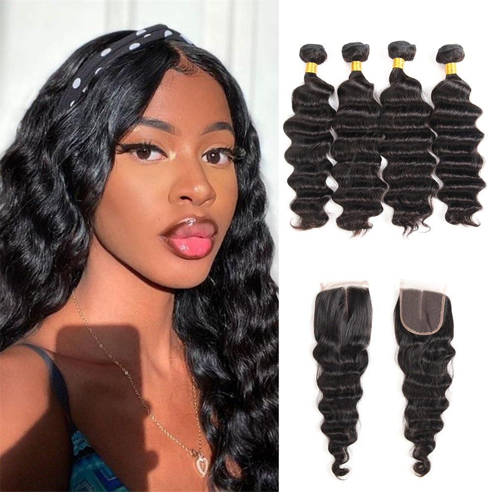 Siyun Show 4 Bundles Loose Deep Wave Bundles With Closure 100% Malaysian Remy Human Hair