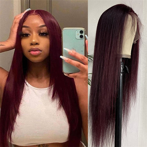 Siyun Show Hair 99J Red Color Straight 13x4 Lace Front Wigs Pre Plucked Human Hair Wig