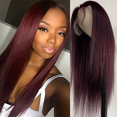 Siyun Show Hair 99J Red Color Straight 13x4 Lace Front Wigs Pre Plucked Human Hair Wig