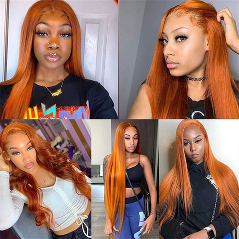 Siyun Show Hair Ginger Orange Color Straight Brazilian Invisible Lace Front Human Hair Wigs