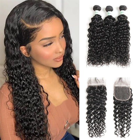 Siyun Show Water Wave 3 Bundles With Lace Closure 14-30 inch For Women